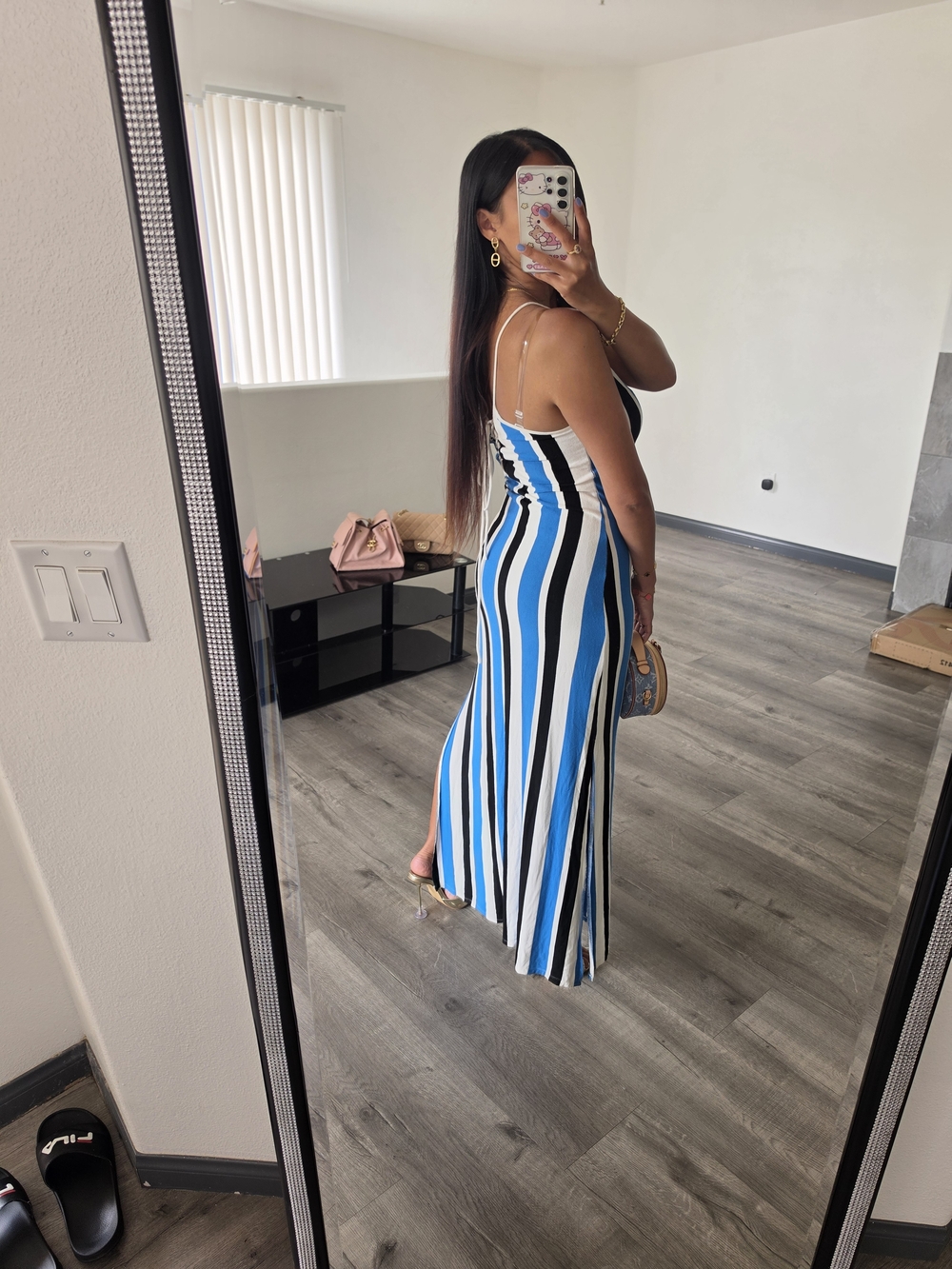 Striped Blue & White Maxi Slip Dress with Side Slit - Picture 7 of 13